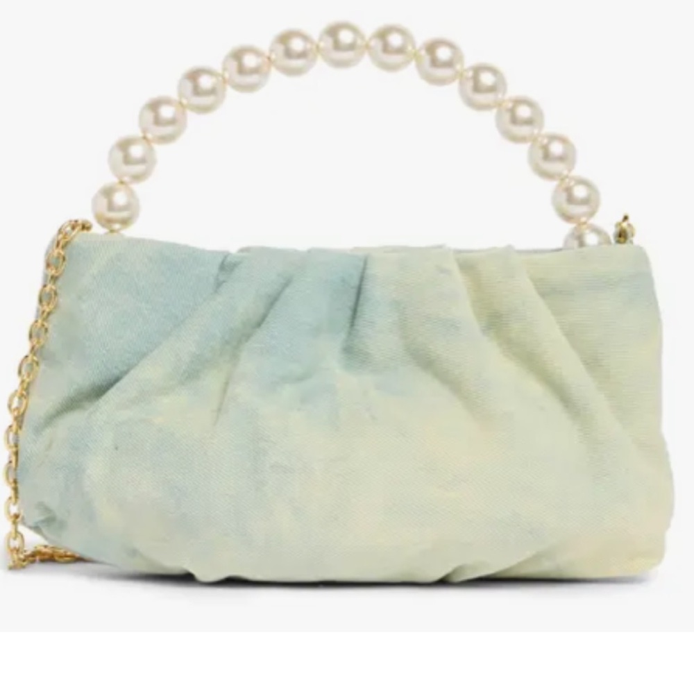 LELE SADOUGHI BRAND NEW AUTHENTIC MARLOWE FAUX PEARL FADED DENIM TOP HANDLE BAG